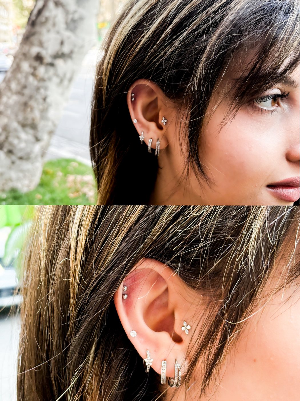 curated ear with helix, flat and lobe jewelry, two frames